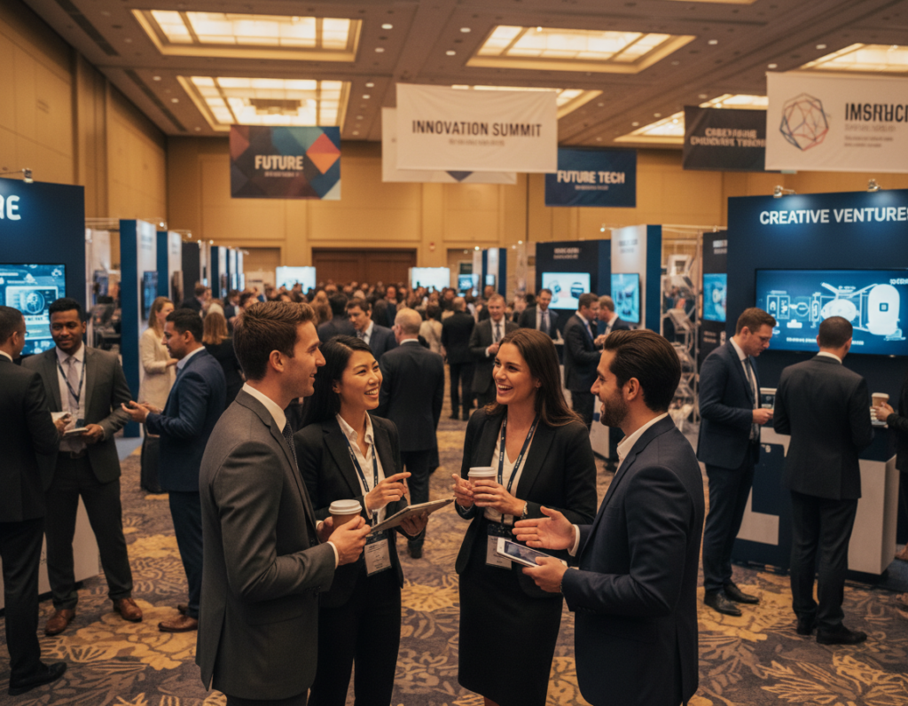 A bustling industry event for entrepreneurs with diverse attendees engaging in discussions and networking. In the foreground, a group of four professionals in well-fitted business attire, animatedly exchanging ideas, their expressions reflecting enthusiasm. The middle showcases small clusters of people gathered around modern booths displaying innovative products, some using tablets to share information. The background features a spacious convention hall with banners highlighting various industries, softly lit with warm lighting to create an inviting atmosphere. The lens captures the scene from a slightly elevated angle, enhancing the sense of activity and engagement. The overall mood is vibrant yet professional, illustrating the dynamic interactions that take place at industry events.