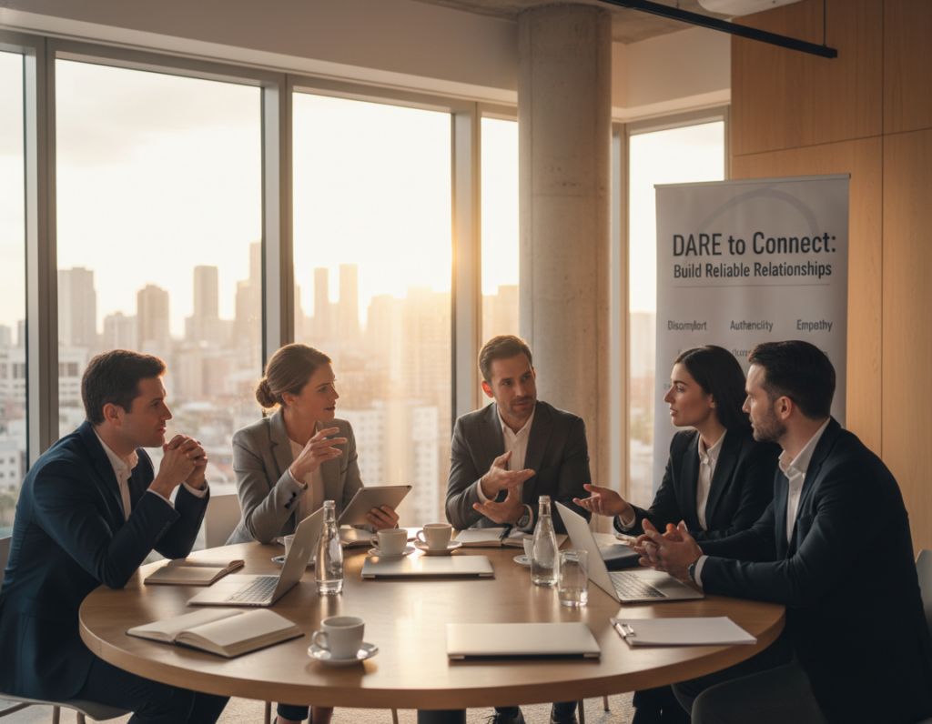 A collaborative networking event scene showcasing professionals engaging in meaningful conversations under soft, warm lighting. In the foreground, a diverse group of individuals dressed in business attire are actively discussing and sharing ideas, expressing a mix of curiosity and encouragement. The middle ground features a round table with notebooks, laptops, and coffee cups, symbolizing a productive environment, while a backdrop of a modern office space with large windows reveals a city skyline bathed in golden hour light, suggesting optimism and connection. The atmosphere is focused yet inviting, emphasizing the theme of overcoming discomfort and building stronger, reliable relationships through the DARE framework.