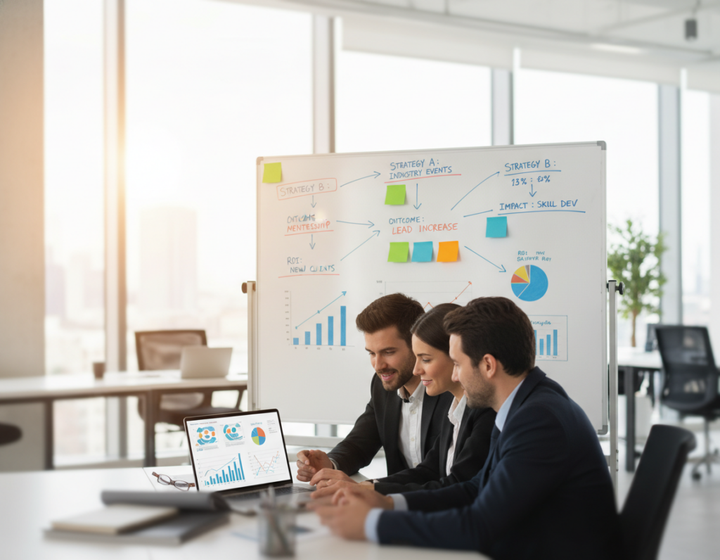 A professional workspace depicting the concept of measuring networking impact. In the foreground, a diverse group of three individuals in business attire, collaborating over a laptop displaying graphs and networking metrics, their expressions focused and engaged. In the middle, a large whiteboard filled with colorful charts and sticky notes representing various networking strategies and outcomes. The background features a modern office environment with large windows and soft natural light filtering in, creating a bright and optimistic atmosphere. A soft bokeh effect highlights the group while keeping the environment slightly out of focus. The overall mood is professional yet collaborative, emphasizing the importance of effective networking in career growth.