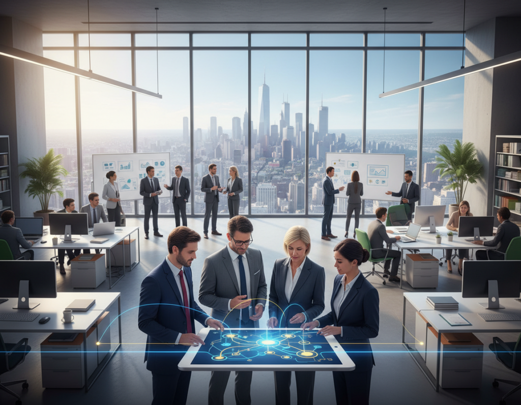 A sophisticated, visually engaging illustration of a professional ecosystem mapping. In the foreground, a diverse group of four professionals dressed in smart business attire collaborate over a digital tablet displaying interconnected nodes and pathways, representing their networks. In the middle ground, a large modern office space with glass walls showcases a bustling environment filled with people exchanging ideas and working in teams. In the background, a city skyline visible through the windows symbolizes growth and opportunities. The lighting is bright and natural, creating an inviting atmosphere that suggests productivity and innovation. Use a slight top-down angle to emphasize the interconnectedness of the ecosystem, evoking a mood of strategic collaboration and forward-thinking. A sophisticated, visually engaging illustration of a professional ecosystem mapping. In the foreground, a diverse group of four professionals dressed in smart business attire collaborate over a digital tablet displaying interconnected nodes and pathways, representing their networks. In the middle ground, a large modern office space with glass walls showcases a bustling environment filled with people exchanging ideas and working in teams. In the background, a city skyline visible through the windows symbolizes growth and opportunities. The lighting is bright and natural, creating an inviting atmosphere that suggests productivity and innovation. Use a slight top-down angle to emphasize the interconnectedness of the ecosystem, evoking a mood of strategic collaboration and forward-thinking.