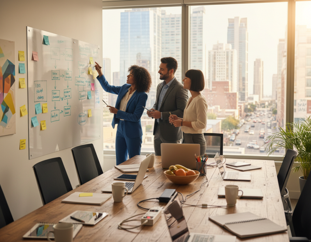 A vibrant office environment showcasing collaboration and support among diverse professionals. In the foreground, a group of three individuals in smart business attire—two women and one man—are engaged in a brainstorming session, pointing to a large, colorful chart on a wall filled with ideas and notes. The middle ground features a large conference table cluttered with digital devices, notebooks, and coffee cups, emphasizing productivity. In the background, a sunlit window reveals a busy cityscape, casting a warm glow throughout the room, enhancing the atmosphere of teamwork and creativity. The mood is focused yet relaxed, evoking a sense of unity and collaboration essential for business growth. Use soft lighting with a slight depth of field to create a professional, inviting ambiance.