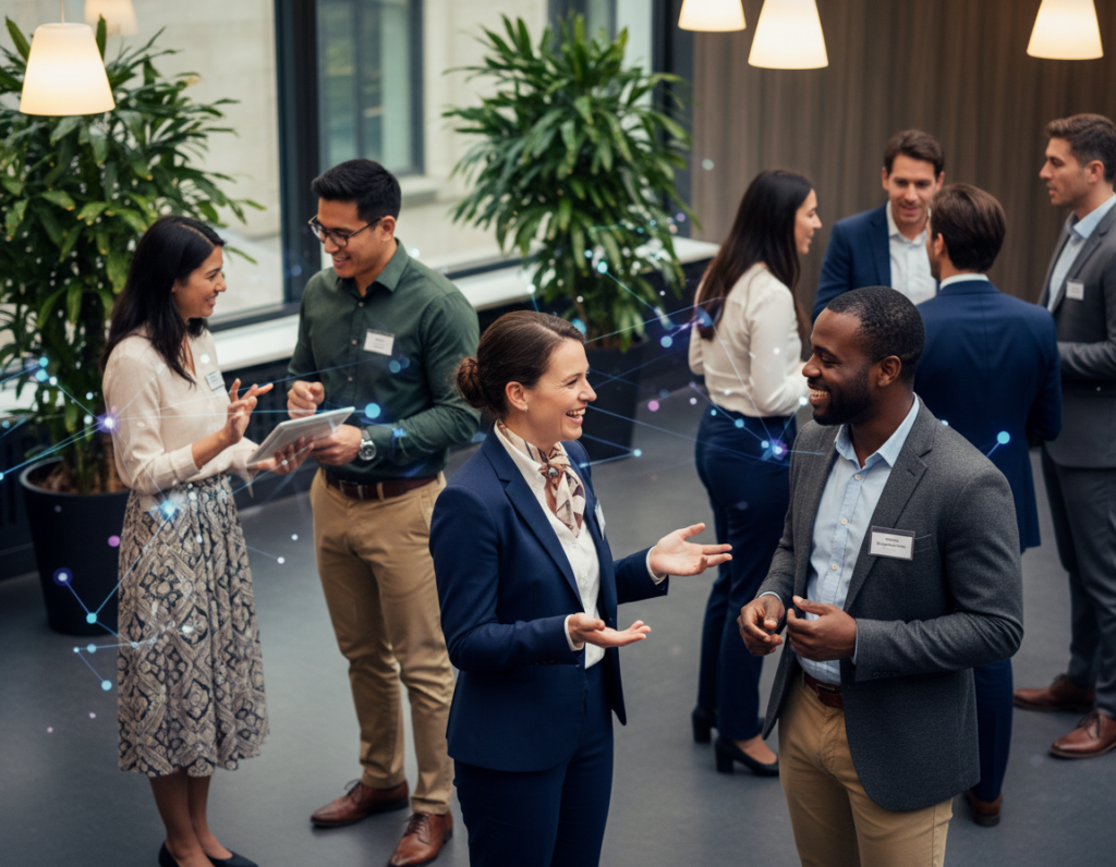 A diverse group of professionals engaged in conversation at a modern networking event. In the foreground, a Caucasian woman in a smart business suit exchanges ideas with a Black man in a stylish blazer and chinos, both smiling and gesturing expressively. In the middle ground, a South Asian woman and a Hispanic man are animatedly discussing with a tablet in hand, surrounded by floating digital connection nodes symbolizing professional links. The background features a well-designed conference room with soft, warm lighting and plants, creating a welcoming atmosphere. High-angle shot to capture the dynamic interactions while maintaining a balanced composition. The mood is vibrant and collaborative, emphasizing the importance of building a diverse professional circle. A diverse group of professionals engaged in conversation at a modern networking event. In the foreground, a Caucasian woman in a smart business suit exchanges ideas with a Black man in a stylish blazer and chinos, both smiling and gesturing expressively. In the middle ground, a South Asian woman and a Hispanic man are animatedly discussing with a tablet in hand, surrounded by floating digital connection nodes symbolizing professional links. The background features a well-designed conference room with soft, warm lighting and plants, creating a welcoming atmosphere. High-angle shot to capture the dynamic interactions while maintaining a balanced composition. The mood is vibrant and collaborative, emphasizing the importance of building a diverse professional circle.