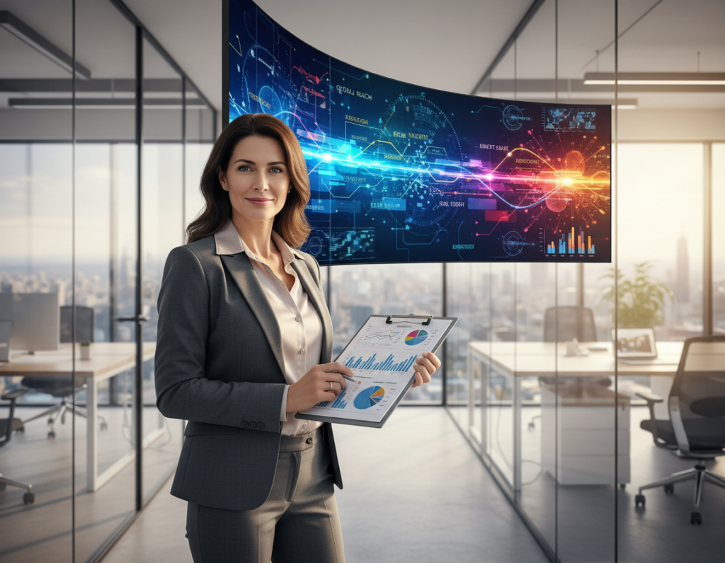 A confident business professional, a middle-aged woman in a tailored suit, stands in the foreground, holding a clipboard filled with charts and graphs, symbolizing metrics of success. In the middle ground, a large digital screen displays colorful data visualizations and analytics that represent network positioning strategies. Surrounding the scene, an office environment with glass walls and sleek furniture, conveying a modern and dynamic workplace. The background features a blurred cityscape through the glass, signifying connectivity and visibility in professional communities. Soft, natural lighting streams in from the windows, creating an optimistic and focused atmosphere. The angle is slightly tilted to emphasize the depth of the space, leading the viewer's eye towards the success metrics.
