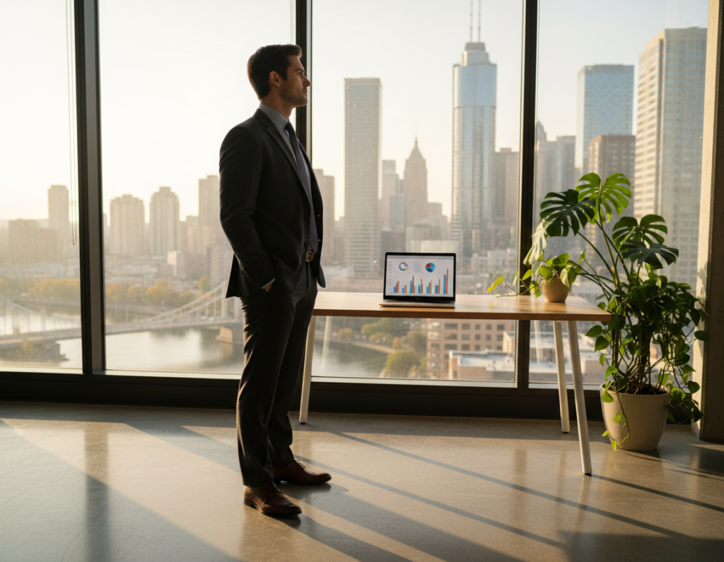 A determined professional, dressed in a smart business attire, is standing confidently in a modern office environment. In the foreground, the individual gazes thoughtfully out of a large window, symbolizing hope and resilience after experiencing setbacks. The middle ground features a desk with a laptop open, displaying charts and graphs, hinting at their strategic planning efforts. In the background, a vibrant city skyline under soft, golden morning light represents new opportunities and growth, while plants add a touch of life and positivity to the scene. The overall atmosphere is one of inspiration and perseverance, with soft, warm lighting creating an uplifting mood, captured using a wide-angle lens to emphasize the open space and potential around the subject.