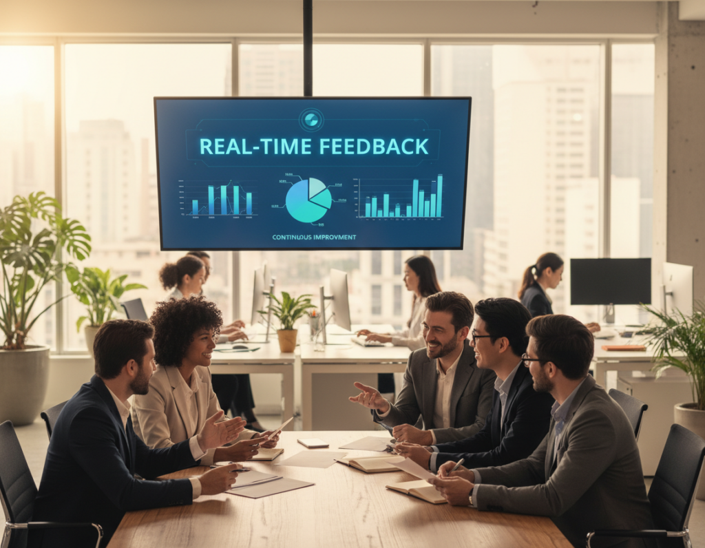 A dynamic office environment showcasing a team engaged in real-time employee feedback. In the foreground, a diverse group of professionals in business attire collaborates around a stylish conference table, actively discussing ideas and sharing constructive feedback. The middle ground features a large, interactive digital screen displaying analytics and feedback metrics, emphasizing a culture of continuous learning. The background reveals an open workspace filled with natural light from large windows, plants adding a touch of greenery, and desks equipped with modern technology. The atmosphere is vibrant and collaborative, capturing a sense of teamwork, motivation, and growth. The image should be well-lit, using soft, warm tones to create a welcoming ambiance, with a focus on capturing the engaging interactions among team members.