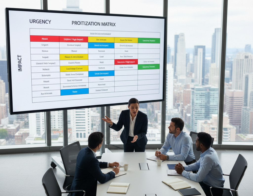 A high-angle view of a spacious, modern conference room filled with a diverse team of business professionals engaged in a lively discussion around a prioritization matrix displayed on a large digital screen. The matrix features clearly defined rows and columns, highlighting key project metrics such as urgency and impact. The foreground includes two professionals, one gesturing emphatically while the other takes notes, both dressed in smart business attire. In the middle, the digital screen glows with bright colors, illustrating the framework vividly. The background showcases large windows letting in natural light, revealing a cityscape that conveys a sense of ambition. The overall atmosphere is dynamic and focused, emphasizing collaboration and strategic thinking. A high-angle view of a spacious, modern conference room filled with a diverse team of business professionals engaged in a lively discussion around a prioritization matrix displayed on a large digital screen. The matrix features clearly defined rows and columns, highlighting key project metrics such as urgency and impact. The foreground includes two professionals, one gesturing emphatically while the other takes notes, both dressed in smart business attire. In the middle, the digital screen glows with bright colors, illustrating the framework vividly. The background showcases large windows letting in natural light, revealing a cityscape that conveys a sense of ambition. The overall atmosphere is dynamic and focused, emphasizing collaboration and strategic thinking.