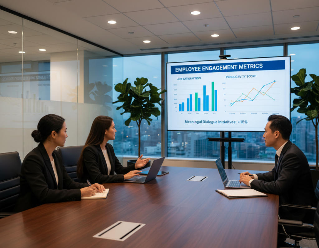 A professional office environment showcasing a team engaged in a coaching conversation. In the foreground, a diverse group of three employees in smart business attire are seated around a sleek, modern conference table with laptops open, indicating active engagement. In the middle ground, digital analytics displayed on a large screen reveal graphs and data points highlighting employee engagement metrics, with colorful visuals to convey meaningful insights. In the background, well-lit office elements such as glass partitions, stylish plants, and a large window showing cityscapes reflect a modern corporate atmosphere. The mood is collaborative and focused, with soft, natural lighting creating a warm yet professional vibe. The camera angle captures both the participants’ expressions and the analytical data, emphasizing the importance of meaningful dialogue in enhancing employee engagement. A professional office environment showcasing a team engaged in a coaching conversation. In the foreground, a diverse group of three employees in smart business attire are seated around a sleek, modern conference table with laptops open, indicating active engagement. In the middle ground, digital analytics displayed on a large screen reveal graphs and data points highlighting employee engagement metrics, with colorful visuals to convey meaningful insights. In the background, well-lit office elements such as glass partitions, stylish plants, and a large window showing cityscapes reflect a modern corporate atmosphere. The mood is collaborative and focused, with soft, natural lighting creating a warm yet professional vibe. The camera angle captures both the participants’ expressions and the analytical data, emphasizing the importance of meaningful dialogue in enhancing employee engagement.