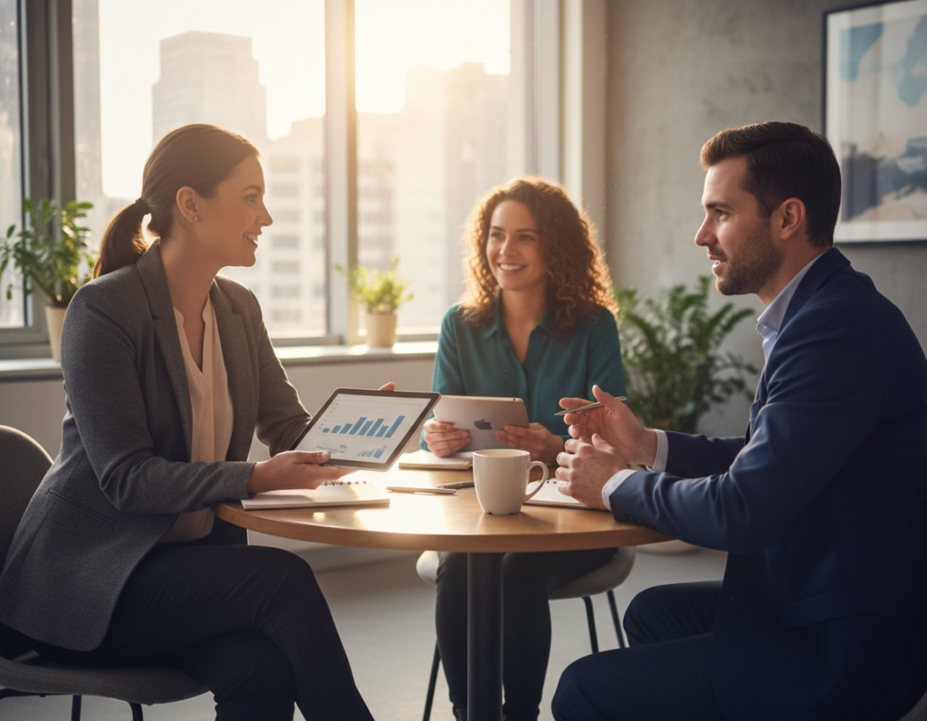 A professional setting illustrating the concept of following up after an event, featuring a diverse group of three people engaging in conversation. In the foreground, a woman in business attire, holding a tablet, is smiling while listening intently to a man in a suit who is speaking. The middle of the scene shows a round table with coffee cups and notebooks, emphasizing a collaborative atmosphere. The background reveals a modern office space with large windows letting in warm, natural light, adding an inviting glow to the scene. The mood is friendly and professional, highlighting the importance of post-event interactions in building strong relationships. Use a soft focus with a slightly elevated angle to create depth and emphasize the connection between the figures.