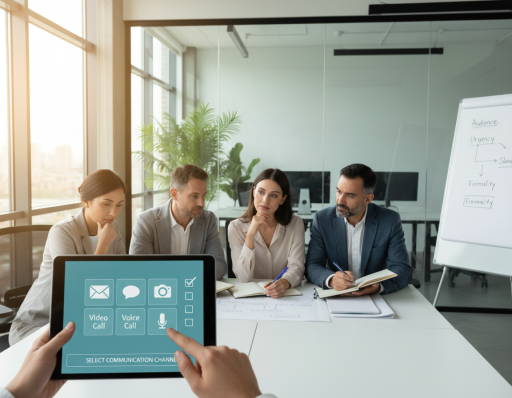 A professional workspace featuring a diverse group of individuals engaged in a discussion about selecting communication channels. In the foreground, a tablet displays various icons representing different platforms (e.g., email, chat, video call) alongside a checklist. The middle ground shows individuals in business attire, analyzing the options while taking notes. In the background, a glass-paneled conference room is visible, highlighting a modern office setting with plants and tech equipment. Soft, natural lighting filters through the windows, creating a warm and inviting atmosphere. The scene conveys focus and collaboration, emphasizing the importance of effective communication in professional settings. The overall color palette includes calming blues and greens, enhancing the mood of concentration and decision-making.