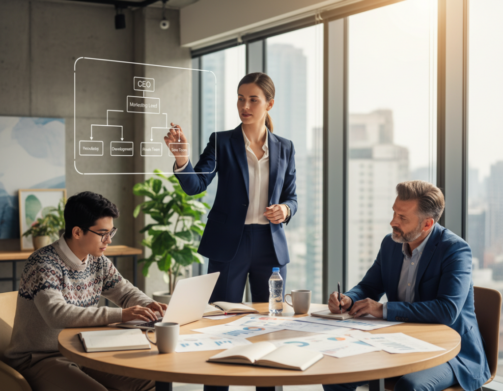 A vibrant office environment showcasing a diverse group of professionals engaged in a collaborative meeting. In the foreground, a confident woman in a tailored business suit is presenting a clear organizational chart on a digital screen, illustrating defined roles within a team. To the side, a middle-aged man in smart-casual attire is actively taking notes, while a young individual with glasses analyzes data on a laptop. The middle ground features a round conference table adorned with documents and coffee cups, emphasizing teamwork. In the background, large windows allow natural light to flood the space, creating an open, inviting atmosphere. The overall mood is optimistic and focused, capturing the essence of role clarity as a key to performance management. The image is captured at eye level, enhancing connection and engagement.