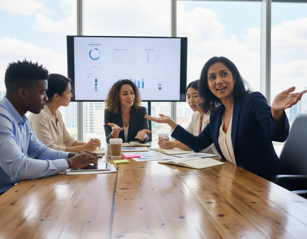 A diverse team of professionals engaged in a dynamic brainstorming session, sitting around a large conference table in a modern office space. In the foreground, a middle-aged South Asian woman in a smart blazer enthusiastically gestures while pointing at a digital presentation. Beside her, a young African American man in a neat button-up shirt takes notes on a tablet, wearing a focused expression. In the middle ground, a Hispanic woman shares ideas, showcasing a collaborative environment. The background features large windows, allowing natural light to flood the room, highlighting the team's energy. The atmosphere is vibrant and inspiring, conveying a sense of trust and open communication necessary for organizational success. The scene is captured from a slightly elevated angle, emphasizing teamwork and collaboration.