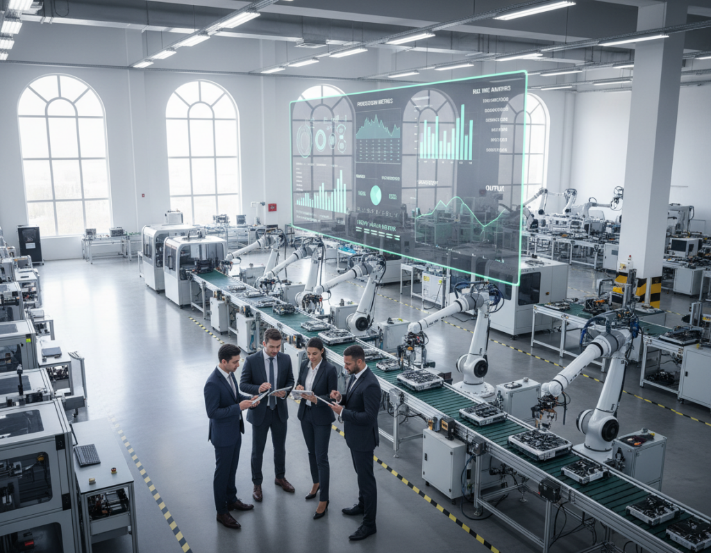 A modern manufacturing facility showcasing optimized operations. In the foreground, a diverse group of professionals in business attire analyze data on digital tablets, deep in discussion. In the middle, advanced machinery operates seamlessly, with robotic arms assembling components efficiently. A large screen displays real-time analytics and production metrics. In the background, large windows let in natural light, illuminating the clean, organized space filled with various production lines. The atmosphere conveys a sense of innovation and productivity, with bright lighting emphasizing the state-of-the-art technology. The angle is slightly elevated, providing a bird's-eye view of the manufacturing floor, highlighting the interconnectedness of people and machinery.