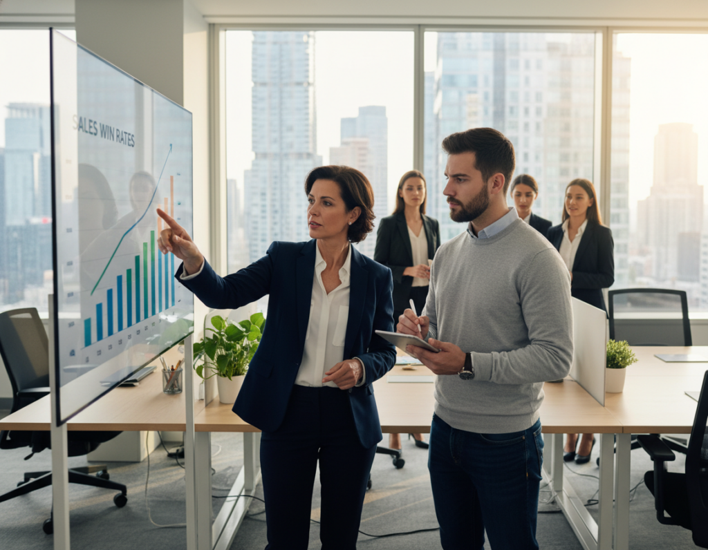 A modern office scene showcasing a diverse group of professionals, engaged in a focused discussion around a large digital screen displaying a vibrant graph representing sales win rates. In the foreground, a middle-aged woman in a sharp blazer points to an upward trend on the graph. Beside her, a young man in smart casual attire takes notes on a tablet, reflecting concentration. In the background, a sleek, minimalist workspace with large windows reveals a city skyline bathed in soft afternoon light. The atmosphere is dynamic yet collaborative, promoting a sense of achievement and insight as they analyze the metrics that highlight their organizational growth. The image is captured from a slightly elevated angle, emphasizing both the engaged team and the compelling sales data on display. A modern office scene showcasing a diverse group of professionals, engaged in a focused discussion around a large digital screen displaying a vibrant graph representing sales win rates. In the foreground, a middle-aged woman in a sharp blazer points to an upward trend on the graph. Beside her, a young man in smart casual attire takes notes on a tablet, reflecting concentration. In the background, a sleek, minimalist workspace with large windows reveals a city skyline bathed in soft afternoon light. The atmosphere is dynamic yet collaborative, promoting a sense of achievement and insight as they analyze the metrics that highlight their organizational growth. The image is captured from a slightly elevated angle, emphasizing both the engaged team and the compelling sales data on display.