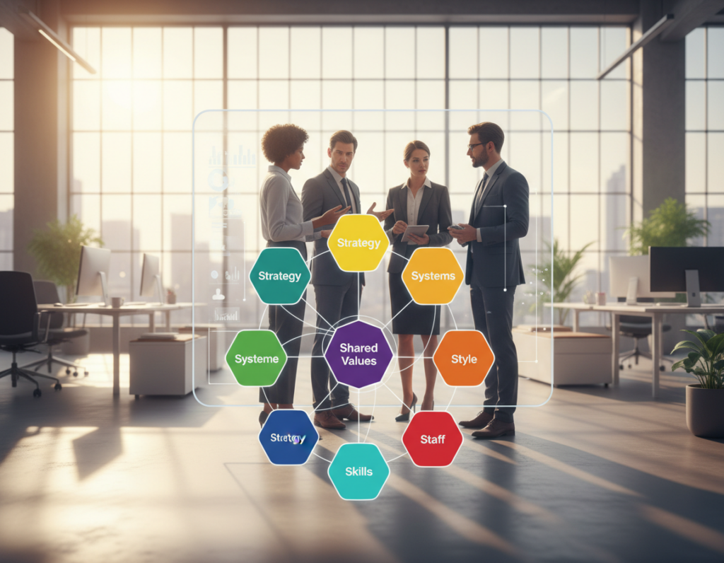 A visually engaging illustration of the McKinsey Seven S model, depicted as a sleek, modern infographic. In the foreground, central elements include the seven key components: Strategy, Structure, Systems, Shared Values, Skills, Style, and Staff, represented as distinct, colorful nodes interconnected by elegant lines. In the middle ground, a business environment features professionals in business attire collaborating and discussing the model, with a large digital screen displaying the elements. In the background, a contemporary office space with large windows allowing natural light, casting a warm glow. The atmosphere is focused and productive, evoking a sense of alignment and synergy. The image should be sharp, high-resolution, and well-lit, with a slight depth of field effect to emphasize the foreground elements.